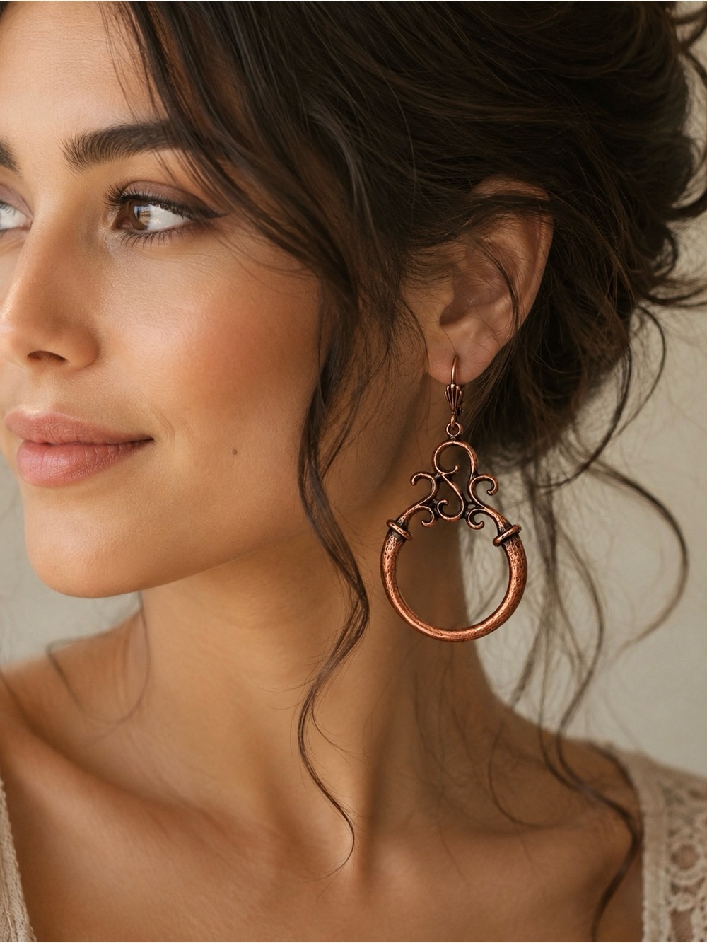 Copper Scrollwork Hoop Earrings - Statement Boho Jewelry - Picture 3 of 6
